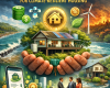 Hands holding an eco-friendly house with solar panels surrounded by icons of currency, blockchain, and sustainability.