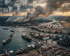 Port congested with shipping containers and ships, protesters with signs for peace, wildfires and flooding nearby, map of disrupted trade routes