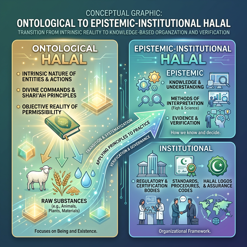 Conceptual graphic showing transition from ontological halal focusing on intrinsic nature, divine commands, and raw substances to epistemic-institutional halal involving knowledge, methods, verification, and institutional governance.