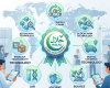 Global halal compliance concept integrating blockchain, supply chain, product traceability, digital logistics, lab testing, hygiene standards, and source verification technologies