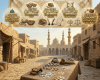 Group of people in traditional clothing gathering around a table of coins with five illuminated Islamic principles above
