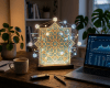 Geometric patterned light panel with blockchain network overlay next to open laptop showing data charts