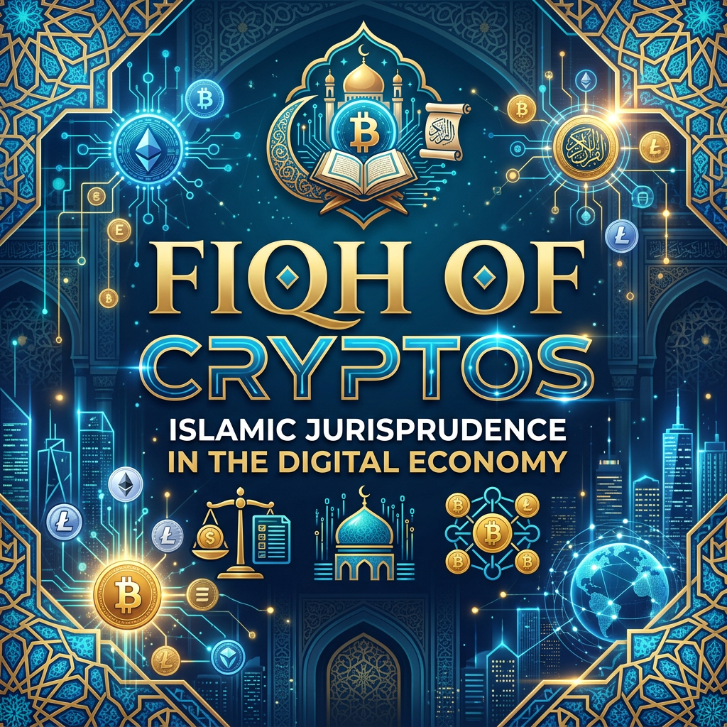 Islamic jurisprudence and cryptocurrency symbols with digital economy elements