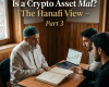 Text reads "Is a Crypto Asset Mal? The Hanafi View — Part 3" above three men discussing an open Quran and cryptocurrency chart on a laptop.